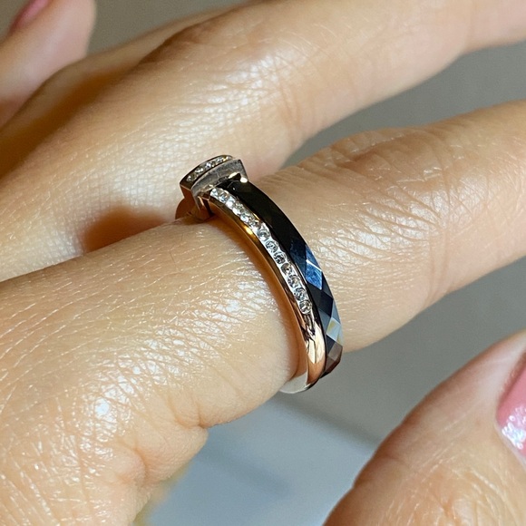 Size 7-8 Black Ceramics CZ Double Ring Gold Chunky Ring for Women Anniversary - Picture 3 of 5